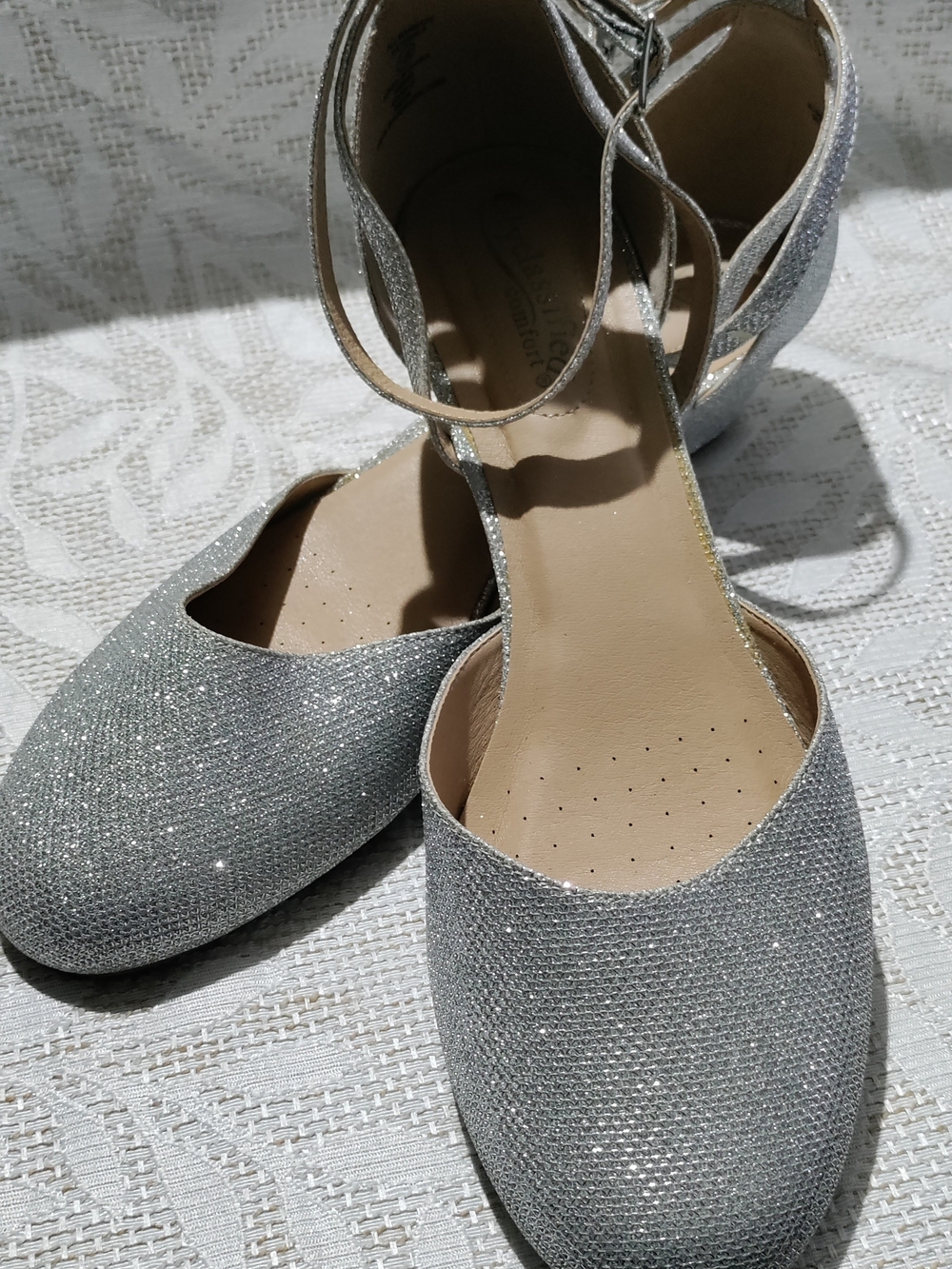 City Classified Comfort Silver Glitter Ankle-Strap Heels
